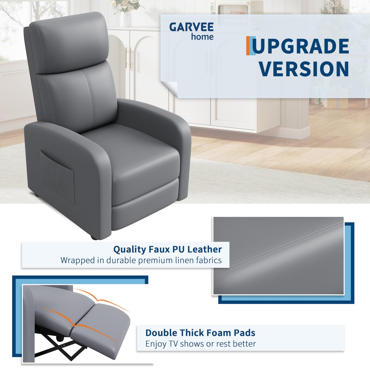 Recliner Chair for Adults, Adjustable Single Sofa with Side Pocket Tall Back Wide Arms Padded Seat, Home Theater Seating for Living Room,Gray