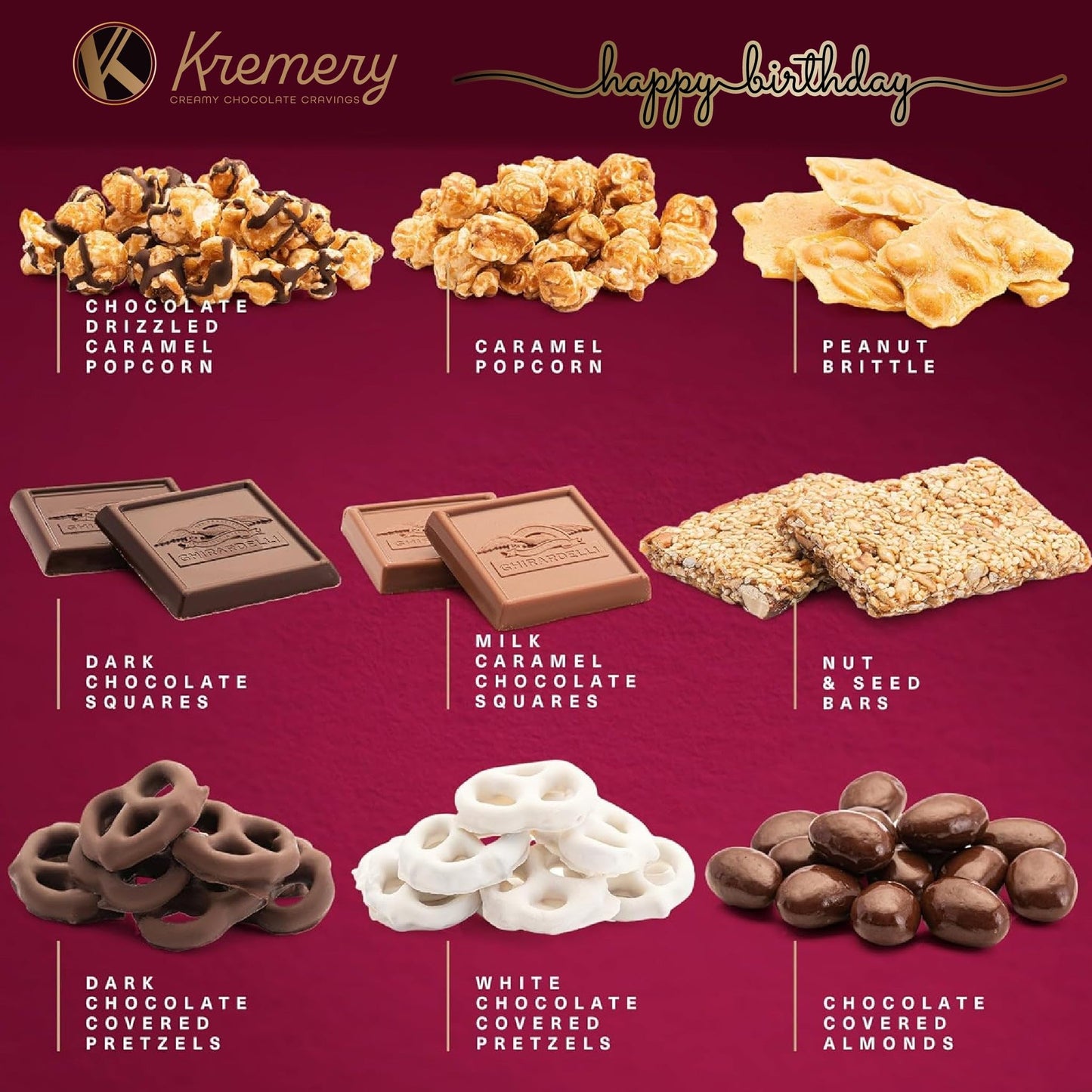 KREMERY Creamy Chocolate Cravings - Happy Birthday Treats, Chocolate Covered Pretzels & Caramel Popcorn Gift Basket, in Seagrass Tray + Ribbon & Greeting Card (Deluxe, 3.5 lbs) Food Assortments
