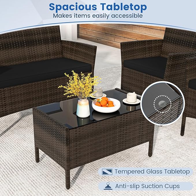 HAPPYGRILL 4 Pieces Outdoor Rattan Conversation Set, Patio Wicker Furniture Set with Loveseat Chairs & Tempered Glass Coffee Table, Outside Sectional Sofa Set for Backyard Garden & Poolside