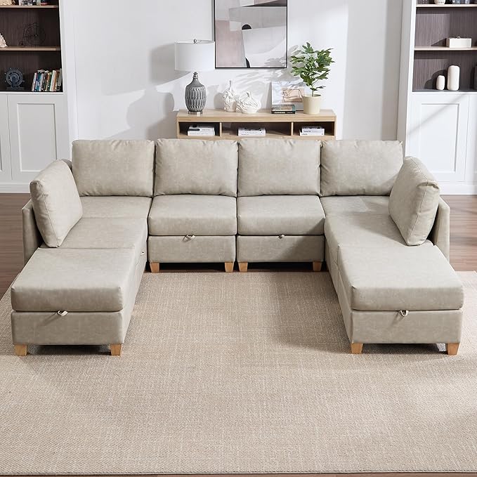 Modular Sectional Sofa,Modern Sectional U Shaped Couches for Living Room,8 Seat PU Leather Deep Seat Sectional Cloud Couch with Storage,Beige