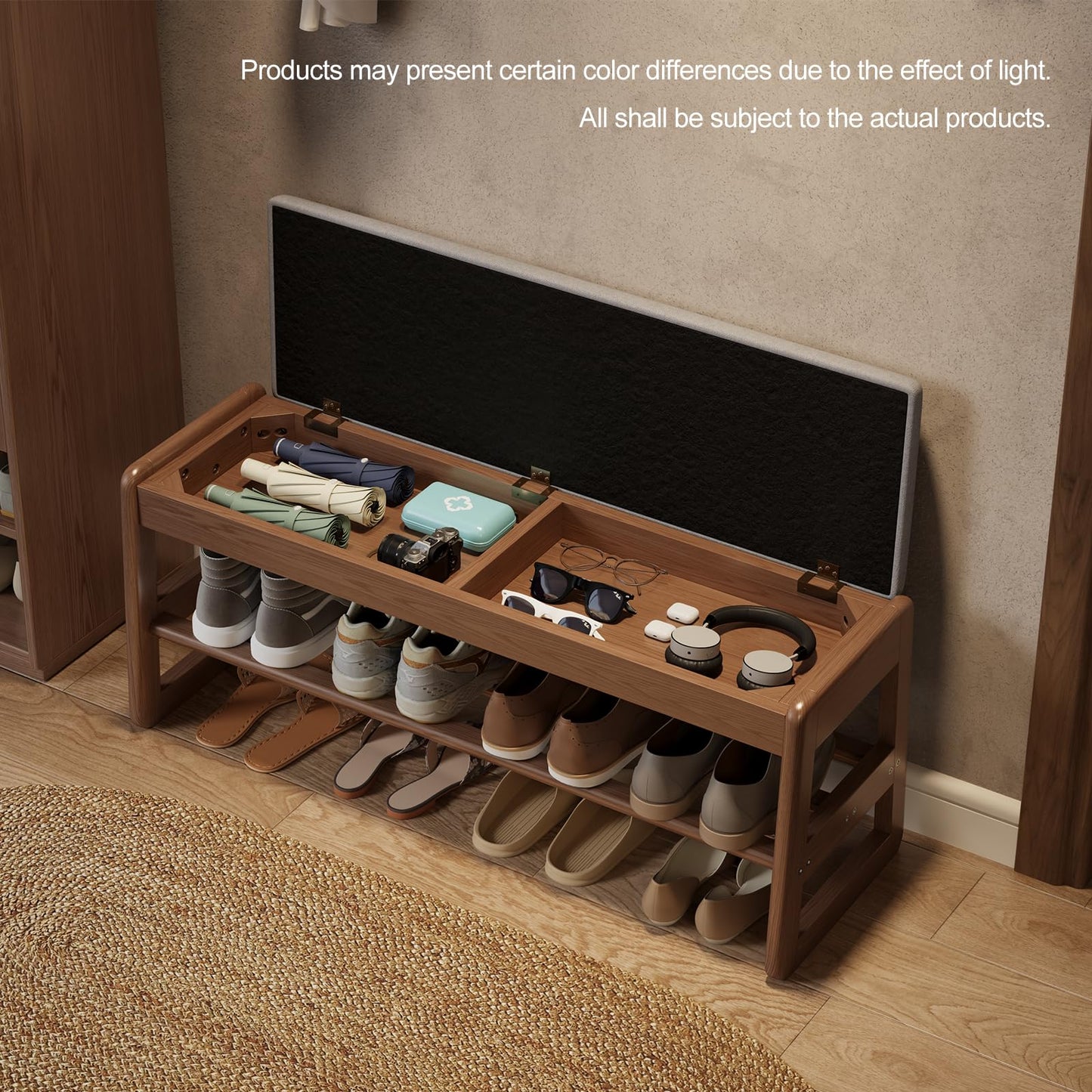 AQIMUELE Shoe Rack Bench with Cushion, 2 Tiers Shoe Bench with Flip-Top Storage,Wood Shoe Rack for Entryway,Hallway（Walnut,39.3"）