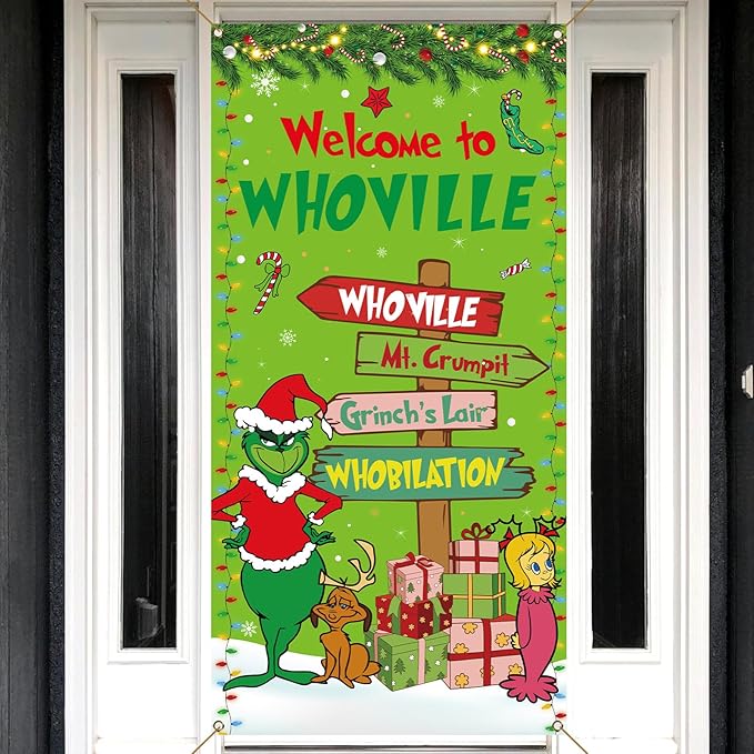 Sunwer Welcome Xmas Door Cover Green Elf Christmas Winter Holiday Party Decoration Front Porch Sign Backdrop Banner for Ho...