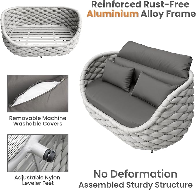 Erotr Patio Loveseat with Table: Aluminum Hand Woven Rope 2 Pieces Patio Furniture Set - Cushioned Outdoor Seating Set - Modern Couch Assembled - Metal Lounge Set for Porch Balcony Deck Garden Hotel