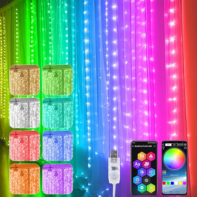 YOOWARM LED Curtain Light,10ft x 10ft 300 LED RGB Christmas Lights,USB Color Changing String Fairy Lights Curtain with Sma...