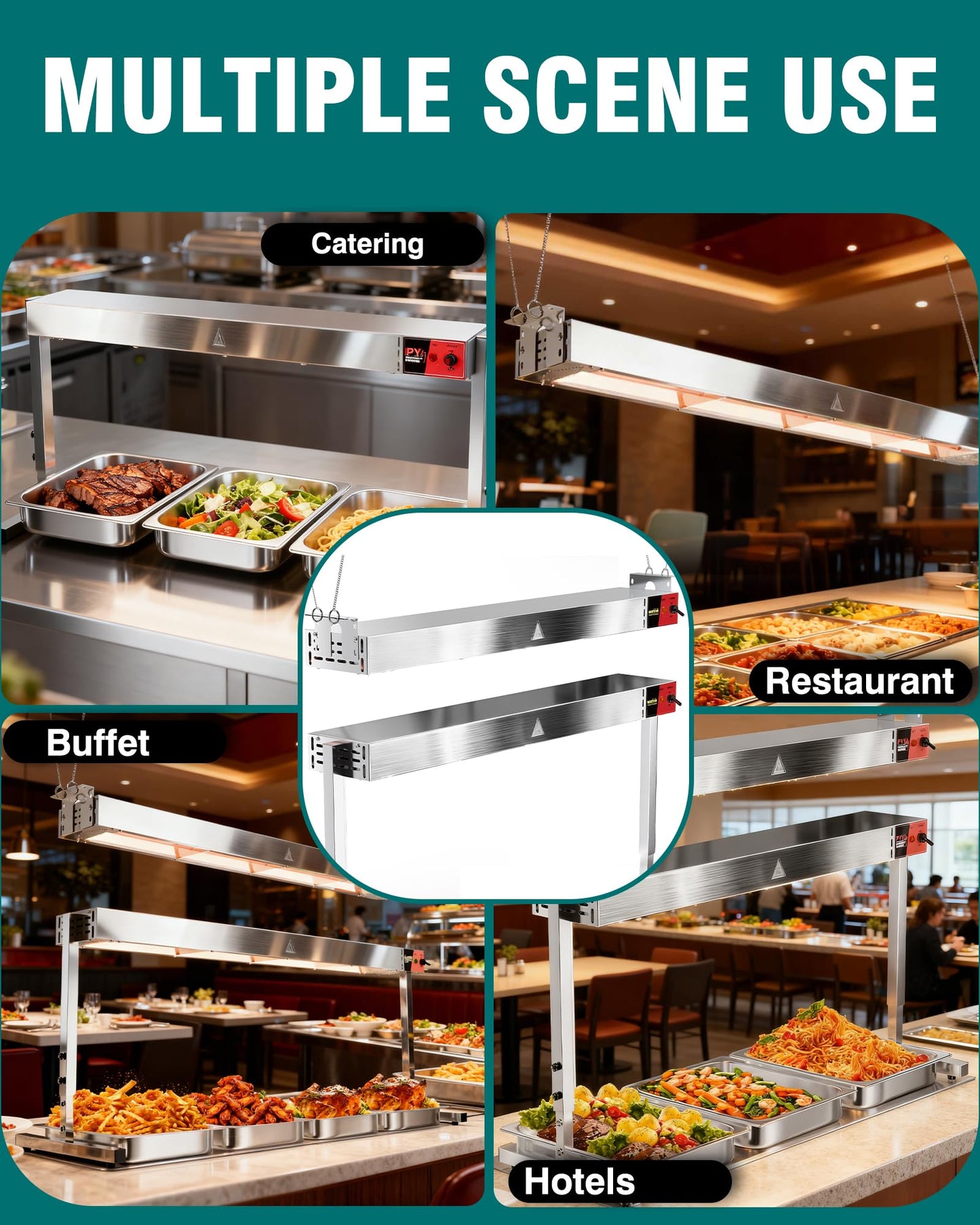 WantJoin Food Heat Lamp 48'' - 1450W Commercial Food Warmer Lamp Overhead Hanging & Standing Electric Strip Heating Lamps for Buffet Catering Restaurant Parties, Silver