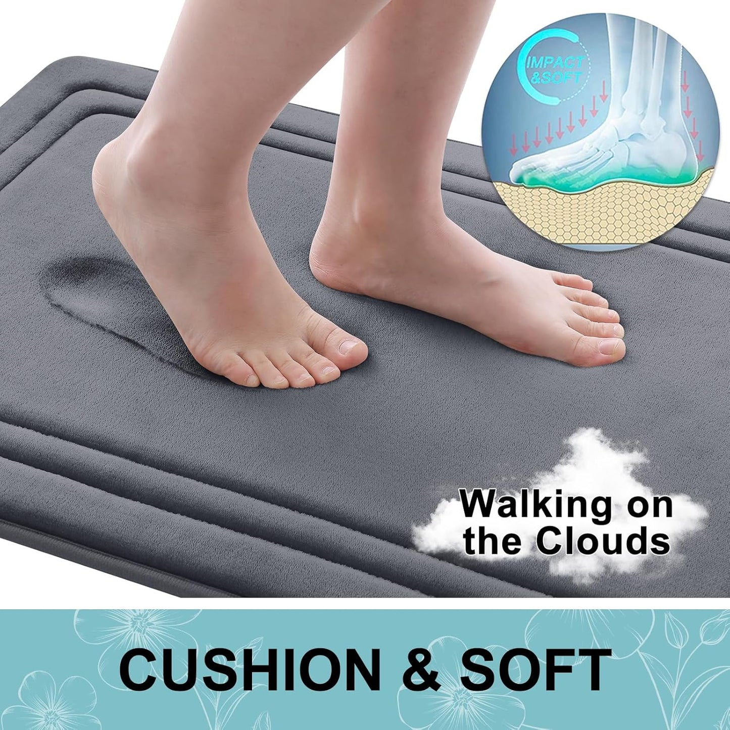 Grandaily Memory Foam Bath Mat Rug 44x24, Ultra Soft, Non-Slip and Absorbent Bathroom Rugs, Machine Wash Dry, Comfortable Bath Carpet for Bathroom Floor, Tub and Shower, Dark Grey