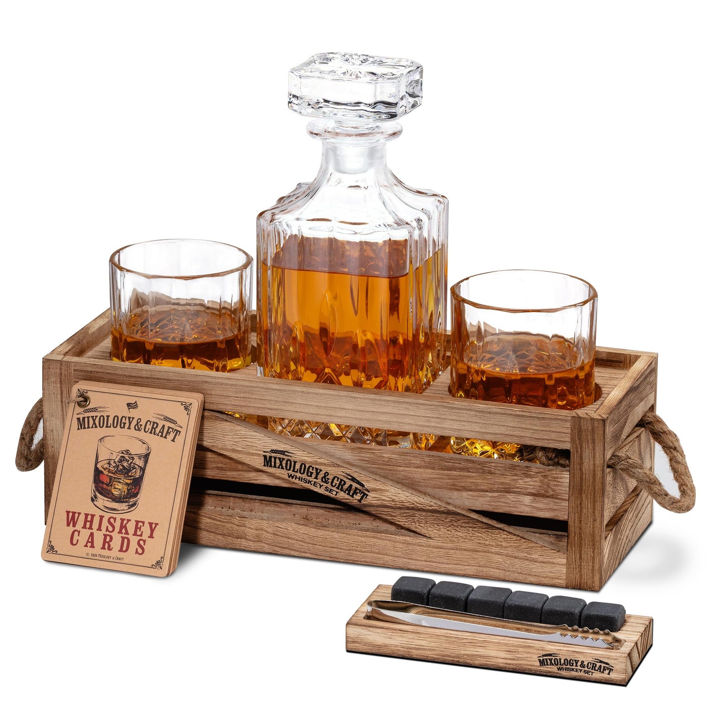MIXOLOGY & CRAFT Whiskey Decanter Gift Set – 10oz Crystal Whiskey Glasses, Wood Stand & 6 Granite Whiskey Stones – Premium Rocks Glasses Barware Gift for Any Occasion