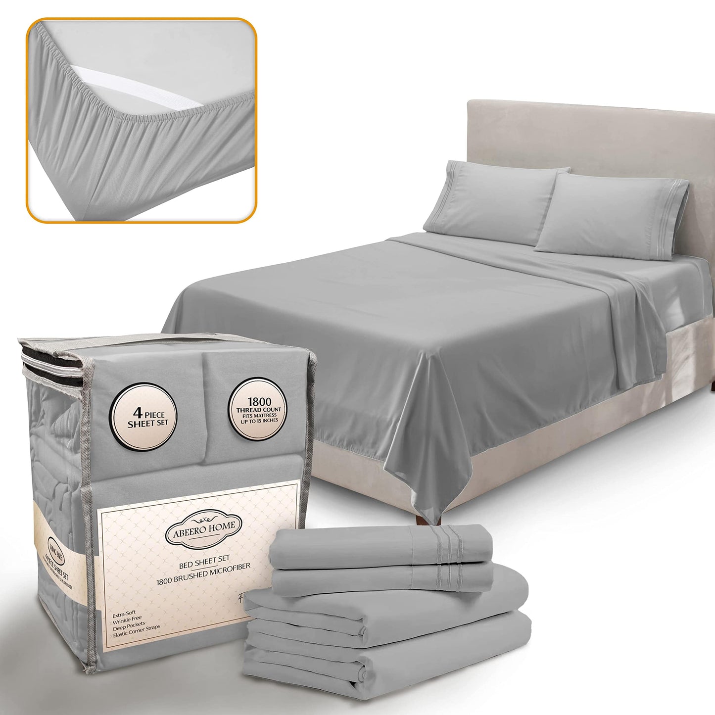 Abeero Home King Size Sheets Set Cooling - Luxury Hotel Sheets - Soft Bed Sheets with Elastic Corner Straps - Deep Pockets Microfiber Bedsheet - Bedding Sheets & Pillowcases -4 PC (King, Light Gray)