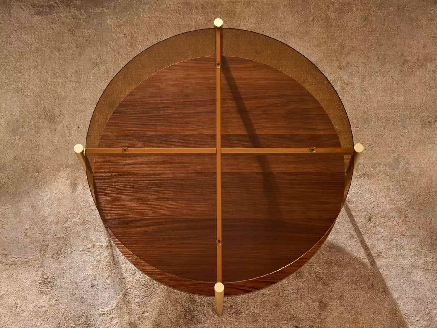 Shrine Round Glass Coffee Table, Mid-Century Modern Design, D30 x H17 in, 2-Tier Structure, Amber Glass Top and Walnut MDF Shelf, Sleek Conical Metal Legs with Gold Finish