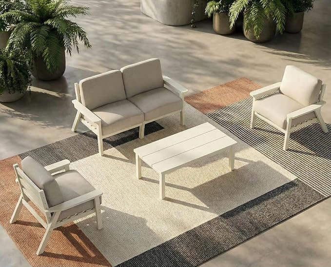 Patio Kingdom Patio Furniture Set with Washable Thick Beige Cushions, Coffee Table & Side Table, HDPE Outdoor Couch, All-Weather Outdoor Sectional Furniture, Patio Conversation Sets (White Frame)