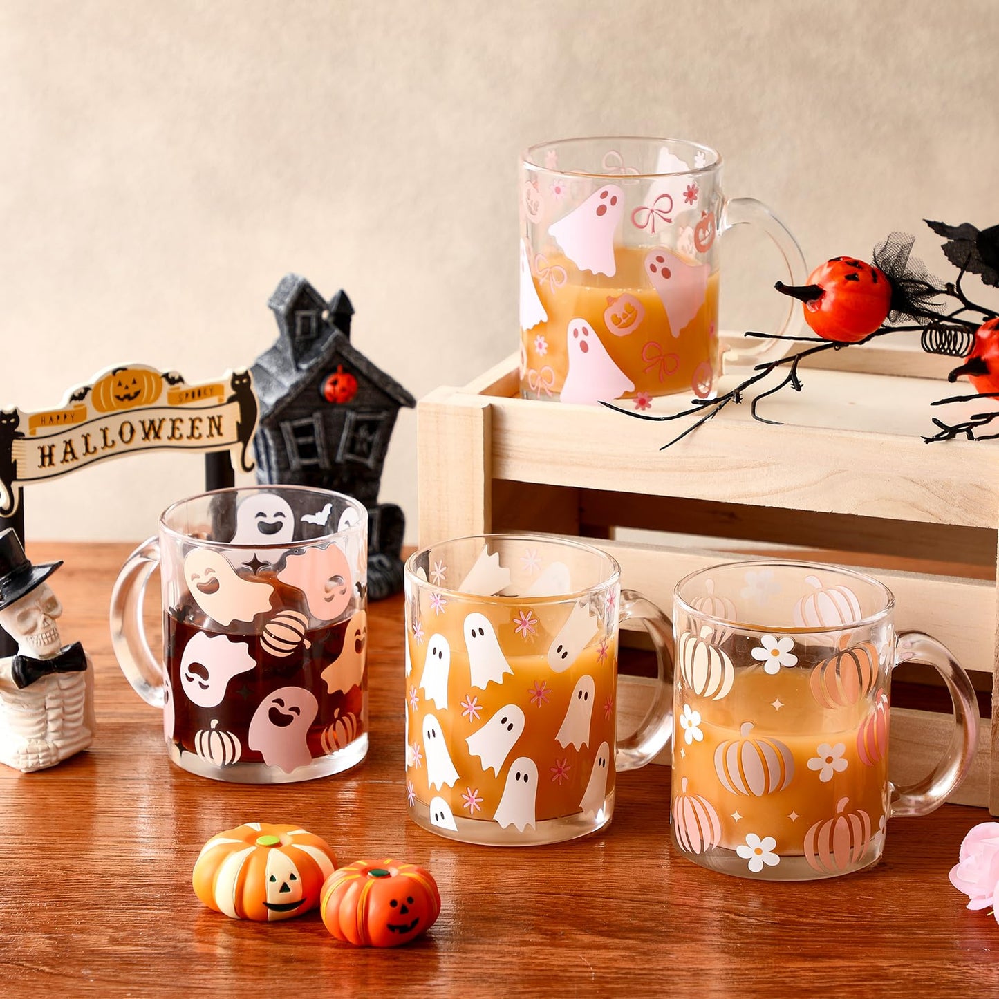Tioncy 4 Pcs Halloween Ghost Coffee Mugs 12 oz Ghost Glass Cups with Handle Spooky Coffee Cup Pink Mug Cute Gifts Drinking Containers for Halloween Holiday Party Drinkware Accessories