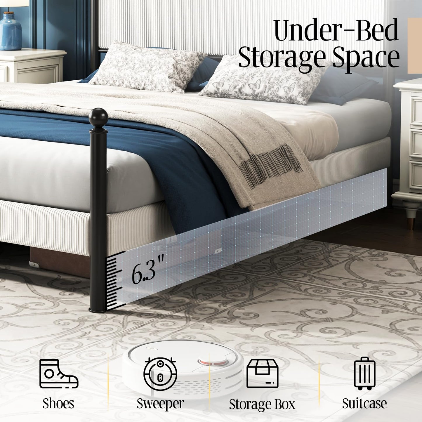 LUXOAK Queen Bed Frame with LED Light & Arch Headboard, Modern Corduroy Upholstered Platform Bed with Metal Poster, No Box Spring Needed/Easy Assembly/Noise Free, White