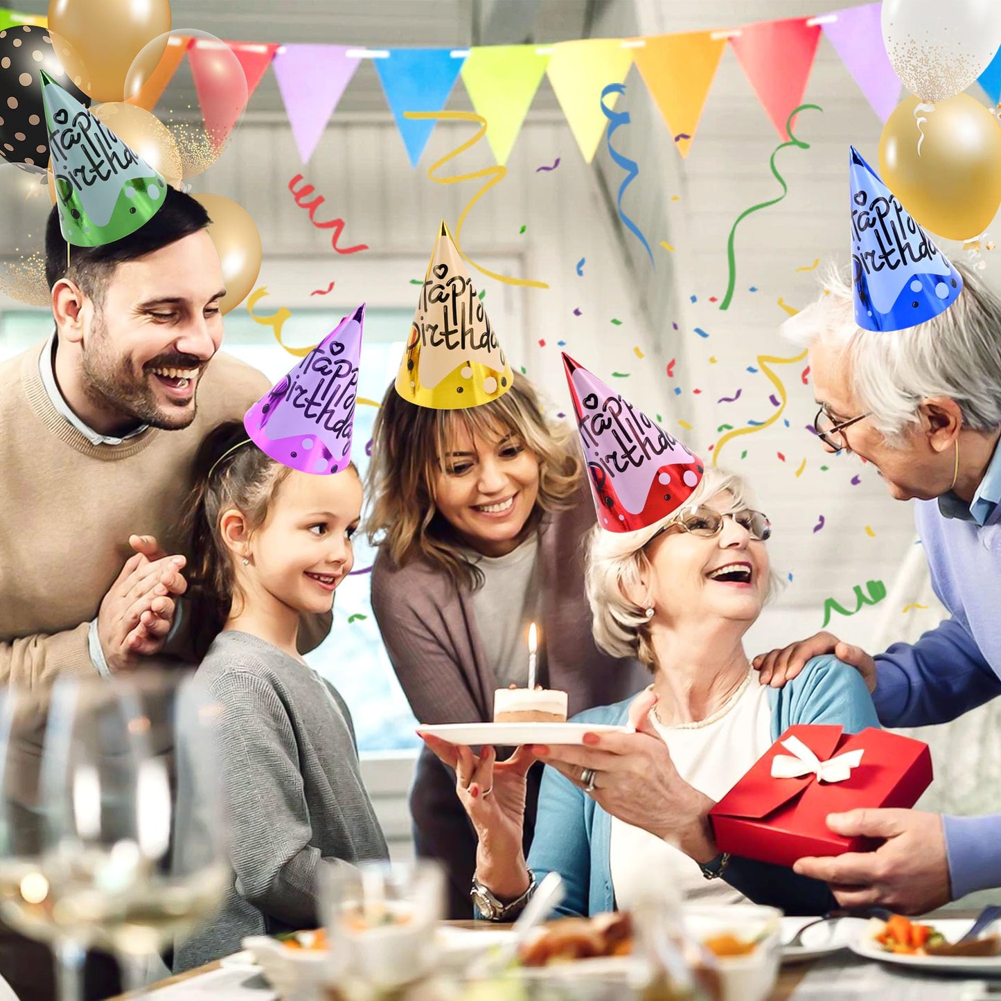 CANREVEL 14 PCS Happy Birthday Party Hats for Kids and Adults, Party Headwear Supplies for Birthday Party Decorations, Cone Hats in 7 Designs for Girls Boys Women Men