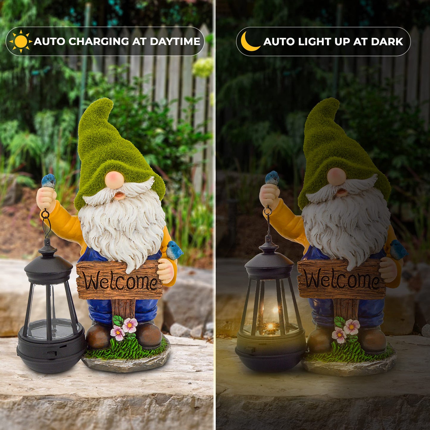 Olekki Garden Gnomes Outdoor - Flocked Gnome Statue Holding Lantern with Solar LED Lights | Gnomes Garden Decorations for Patio, Yard, Lawn Ornaments - Gnome Gifts