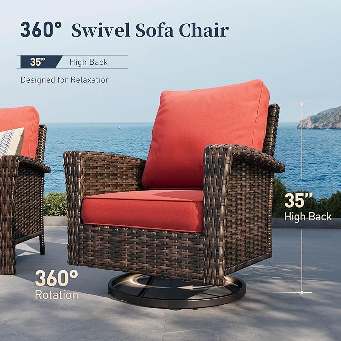 SUNSHINE VALLEY Patio Furniture Set with Swivel Chairs, High Back Wicker Rattan Furniture with 5.5" Thick Cushions and Coffee Table, Outdoor Conversation Set for Backyard Deck, 5 Seats, Red