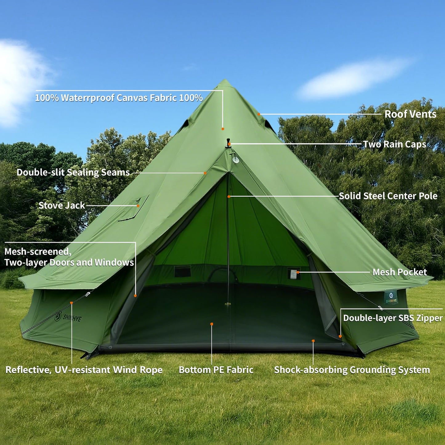 Canvas Bell Yurt Tent with Stove Jack, Waterproof Luxury 4 Season Tents for Family Outdoor Camping 100% Cotton Green Glamping Tents for Hunting, Partie, All Year Living (5M- 269 sq. ft yurt)