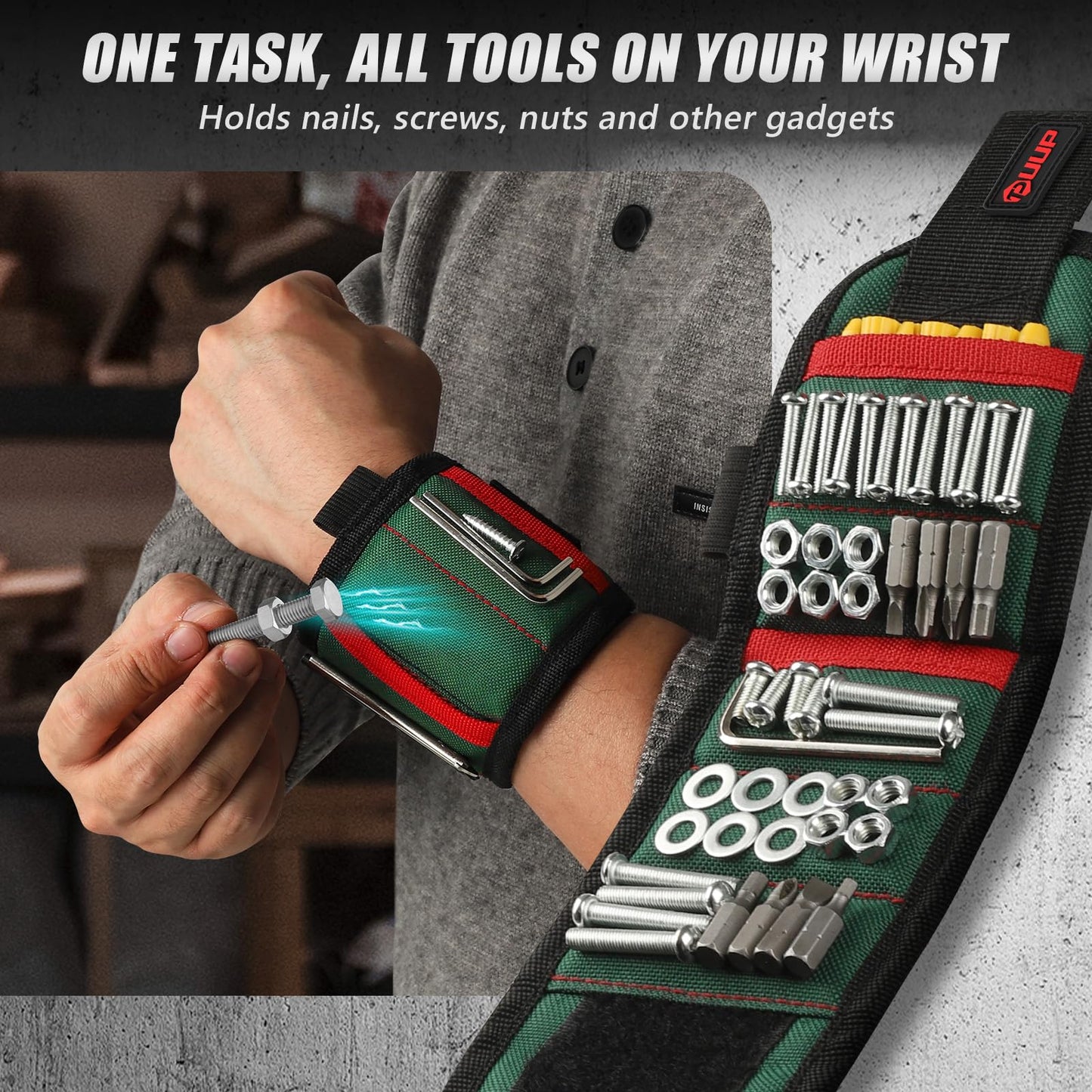 UUP Magnetic Wristband for Tools, Tool Belt Wrist Band with LED Light, 15 Powerful Magnet, Adjustable Wrist Screws Holder, Birthday Gift for Men, Him, Dad, Fathers Day, Mechanics, Woodworker, Handyman