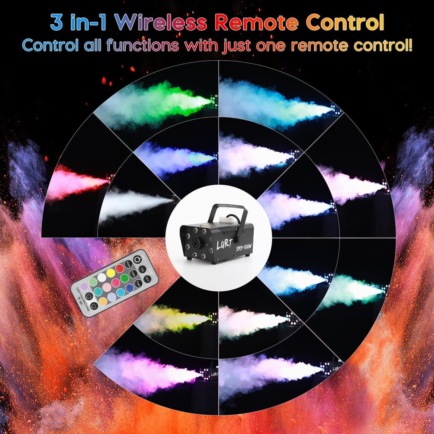 Lurt Fog Machine Mini Smoke Machine 13 Colorful Lights 500W 2500Cfm Small With Wireless Remote Control Auto Mode Portable For In