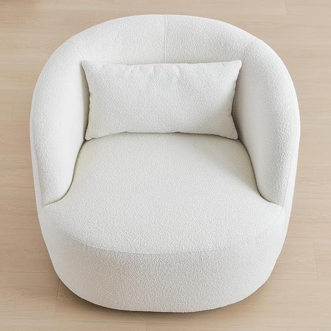 KINWELL 34" Wide Sherpa Swivel Barrel Chair, No Assembly Round Boucle Upholstered Accent Chair Armchair Single Sofa Chair with Toss Pillow for Living Room and Bedroom, Beige