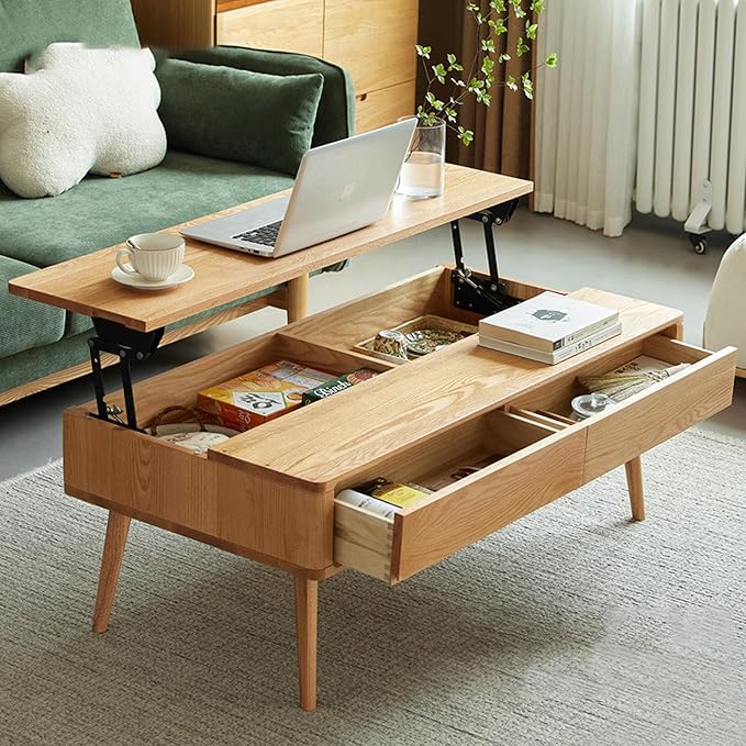 QKFF Wood Lift Top Coffee Table, 100% Solid Oak Wood Small Rising Dining Center Tables with Storage Shelf and Hidden Compartment for Living Room 48D x 26W x 26H