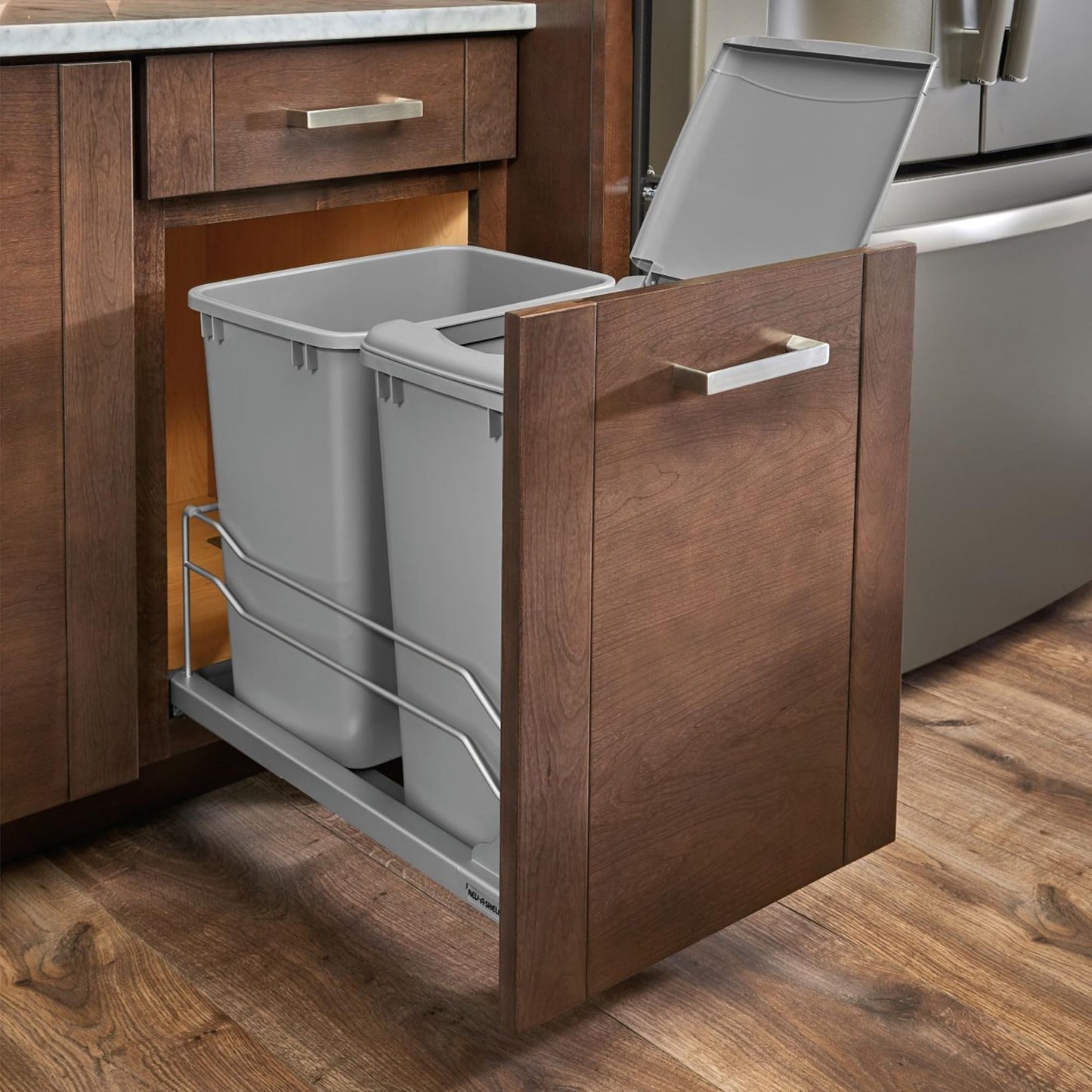 Rev-A-Shelf Double Pullout for Under Kitchen Cabinets 35 Quart 8.75 Gallon with Soft-Close Slides, Metallic Silver, 53WC-1835SCDM-217