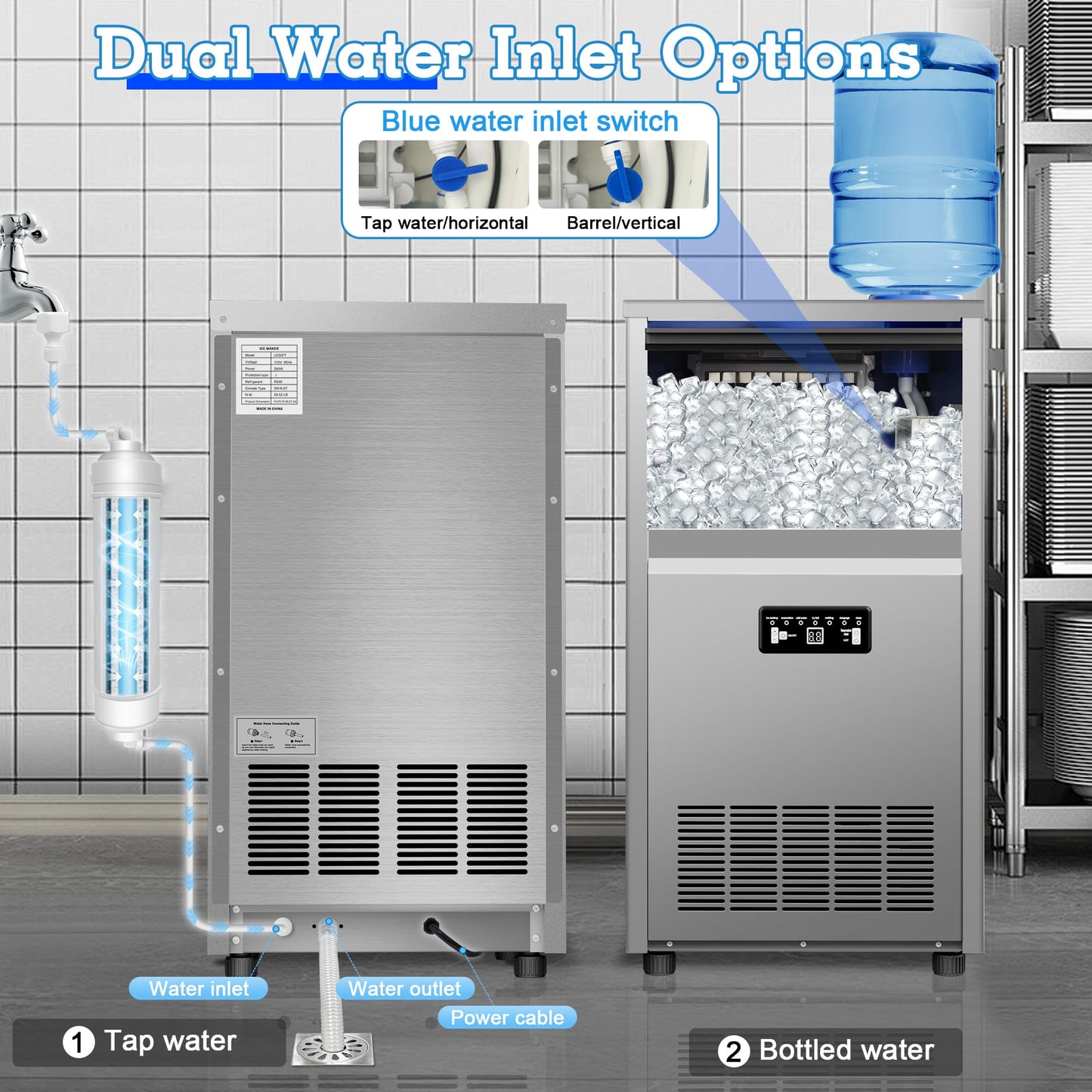 Ice Maker Commercial Ice Maker Machine 150lbs/24H with 30lbs Storage, Stainless Steel Undercounter/Freestanding Ice Machine 50Ice/Cycle 2 Water Inlet Modes Self-Cleaning for Homes Restaurants Bars