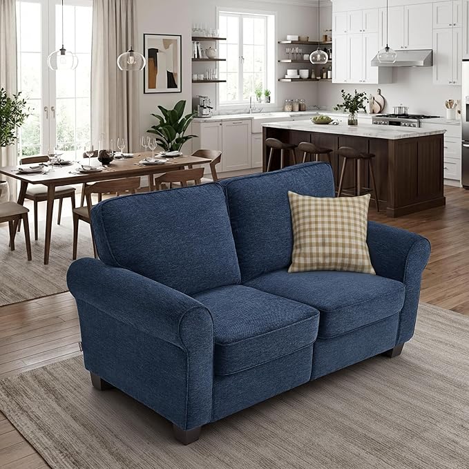 MCombo 67.7" Loveseat Sofa, 2-Seater Small Couch for Small Spaces, Classic Rolled Arm Upholstered Sofa with Solid Wood Legs for Living Room, Removable Cover, Chenille Fabric VE730 (Navy Blue)