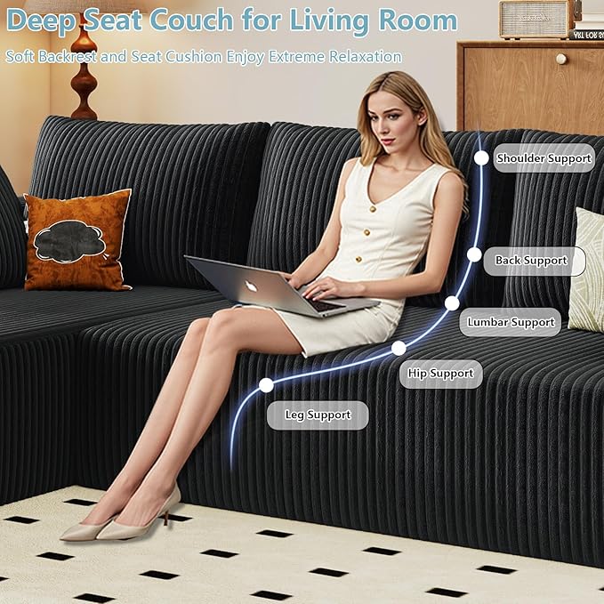 96" Cloud Sectional Couch with L-Shape Chaise, Modern Corduroy Boneless Couch for Living Room,Memory Foam Sofa with Deep Seat,No Assembly Required (Black,Left-Facing Chaise)
