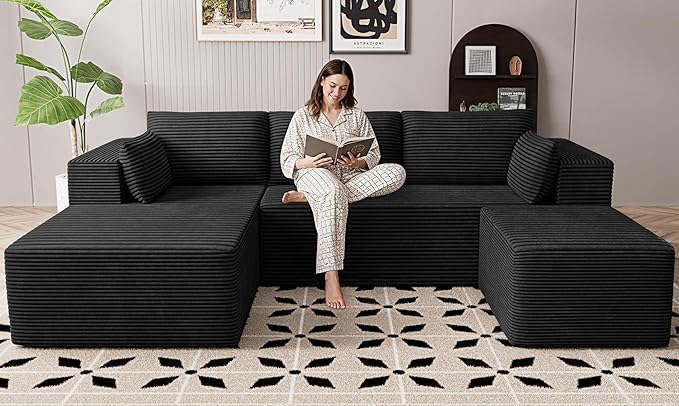106" Cloud Sectional Boneless Couches for Living Room, Modular U Shaped Couch with Deep Seat, Removable Ottoman, Memory Foam Compressed Spineless 4 Seater Sofa for Bedroom Apartment, Black