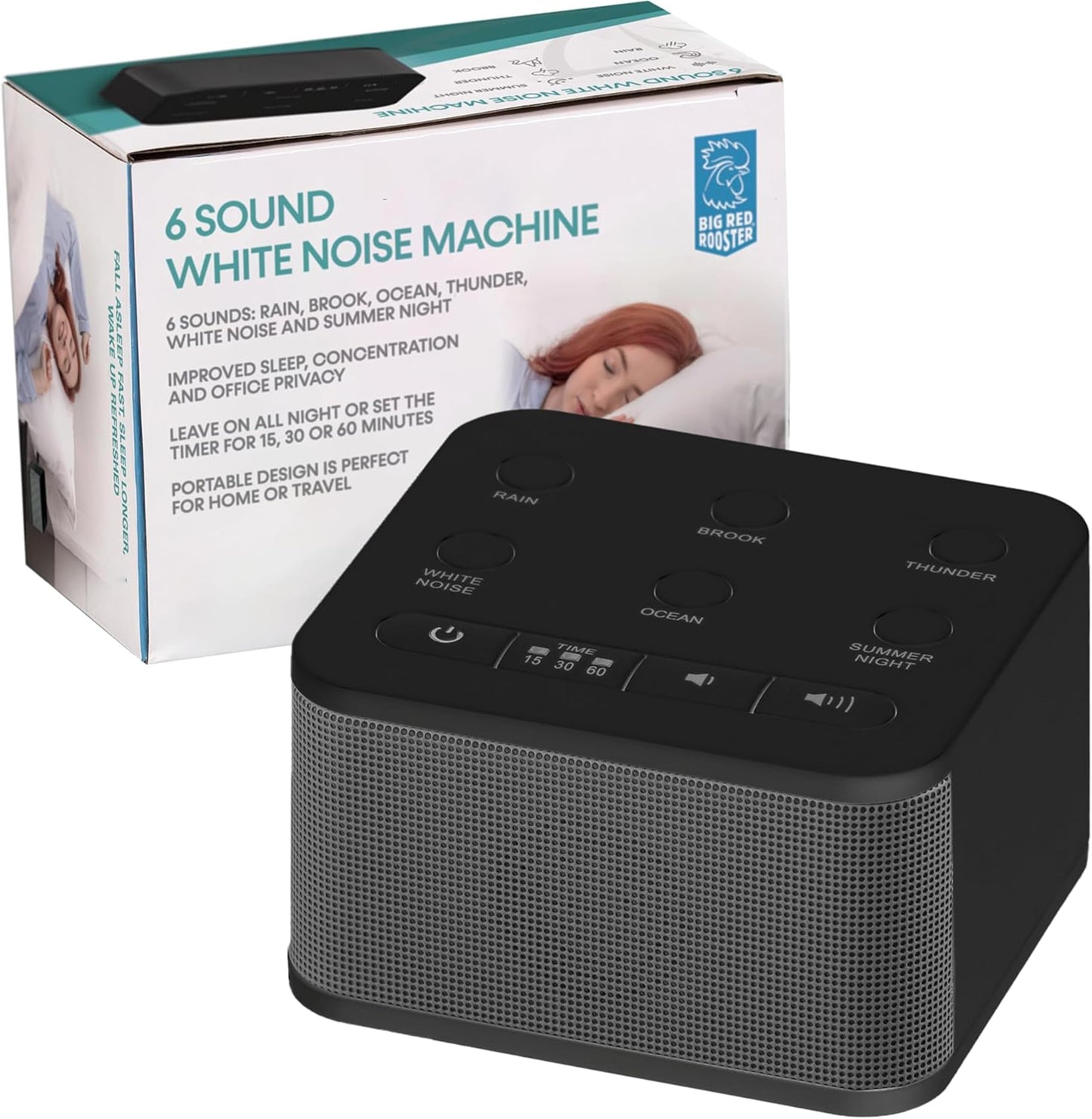 Big Red Rooster Sound Machine - 6 Sleep Sounds - Portable White Noise Machine for Office Privacy & Adult Sleeping - Compact Travel or Home - Dual Power Options - Black
