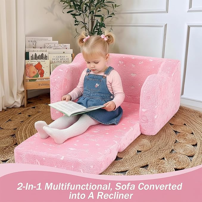 MeMoreCool Glow‑in‑The‑Dark Unicorn Toddler Chair – Soft Plush Fold‑Out Recliner | Kids Lounge Chair for Boys & Girls Aged 1‑3, Convertible 2‑in‑1 Seating & Napping Spot, Easy‑Fold Safe Construction