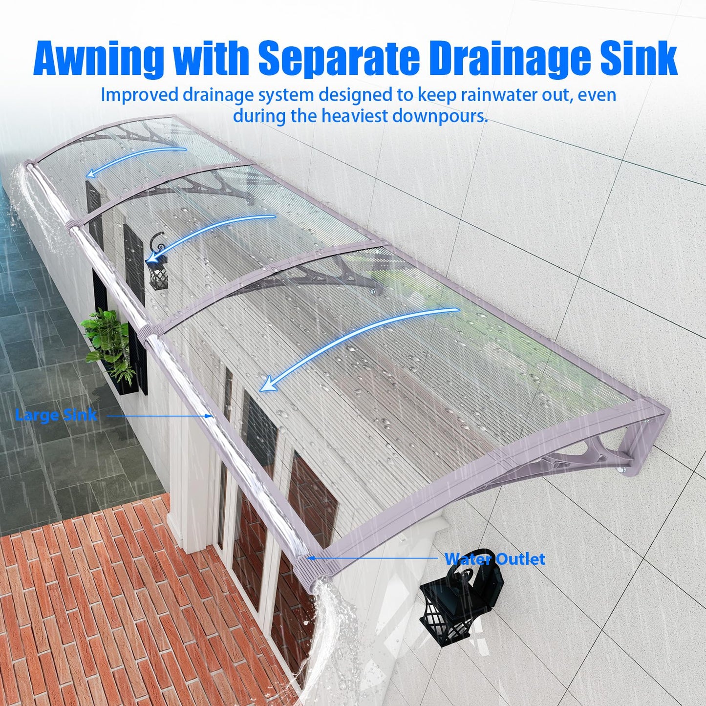 GGNEBAI Awning for Door Entrance,40x60 Inches Awnings for Doors with Separate Drainage,Front Door Awning Exterior,Polycarbonate UV, Rain, and Snow Protection for Porch,Patio,Window,Deck