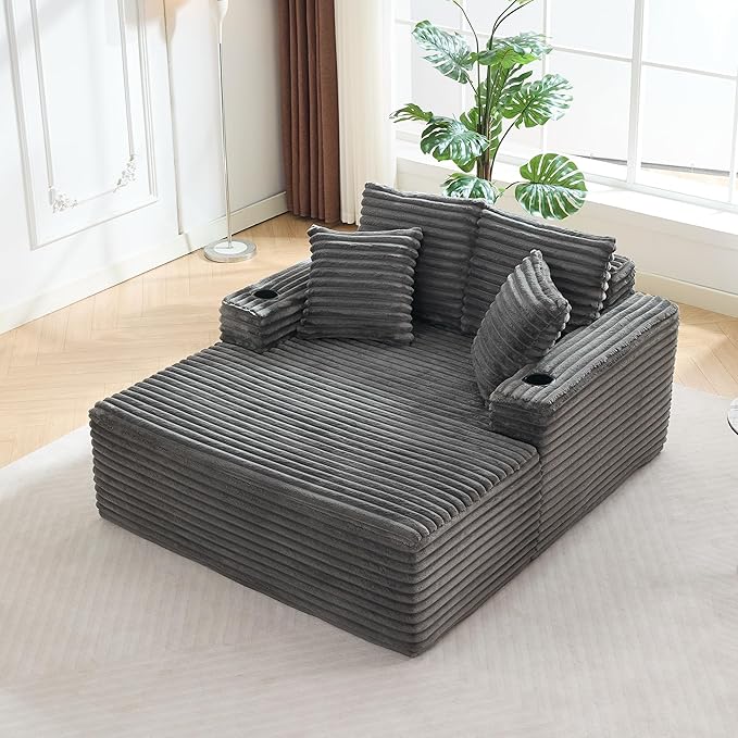 GarveeHome 64in Oversized Corduroy Fabric Bone-Free Sofa Bed Cloud Sofa with Cup Holders and Pillows Comfortable Deep-Seat Sleeping Sofa Chair Suitable for Apartments, Living Rooms, Bedrooms - Gray