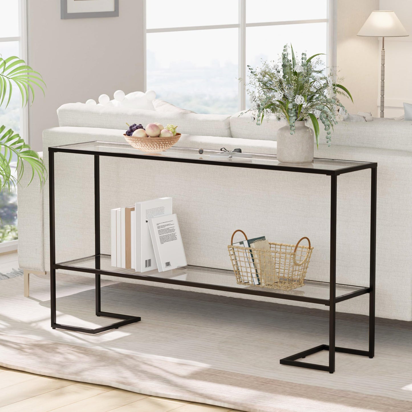 Cozy Castle 52" Console Table, 2-Tier Narrow Tempered Glass Sofa Table with Metal Frame for Living Room, Hallway, Bedroom, Black