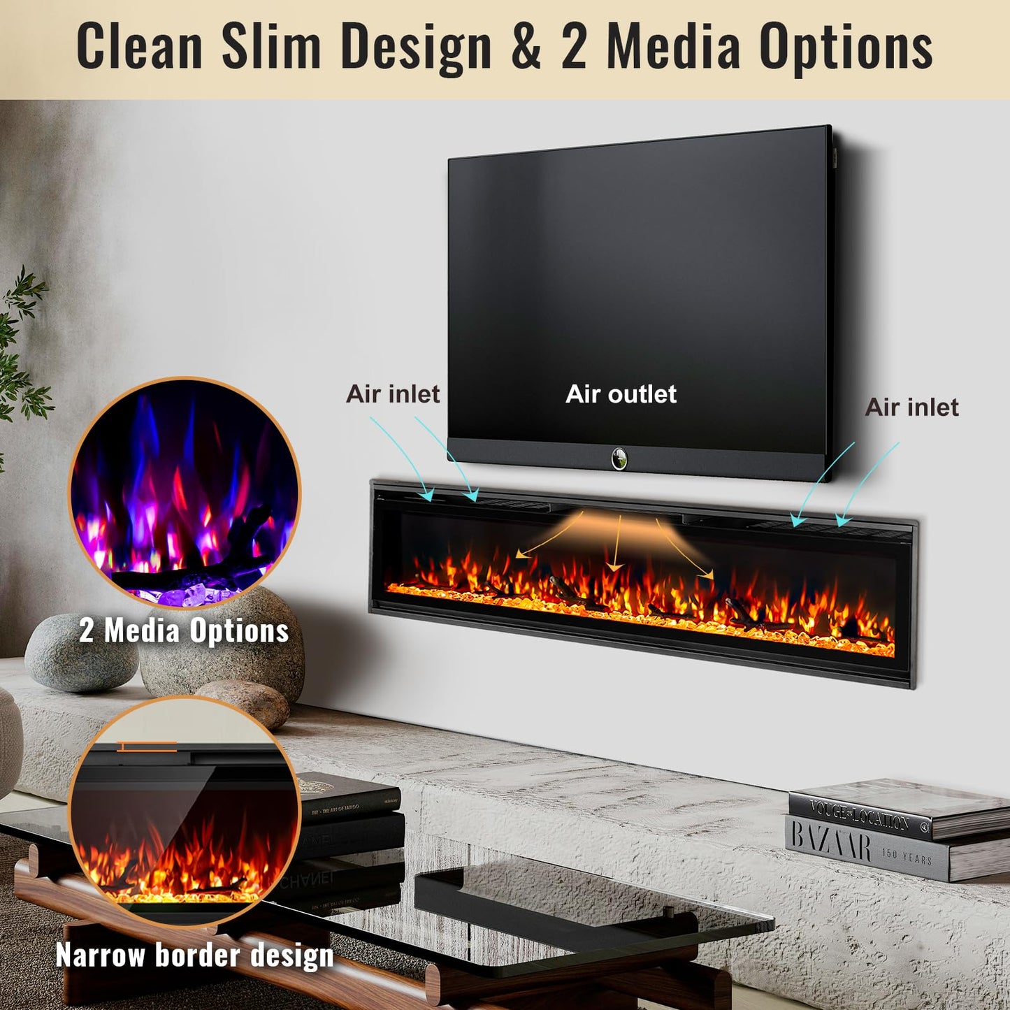 TUAN Electric Fireplace Inserts, Ultra Thin Wall Mounted Fireplace with Remote Control, Multicolor Realistic Flame, Touch Screen, Thermostat, Timer, 750w/1500w (Log & Crystal Included) (60 inch)