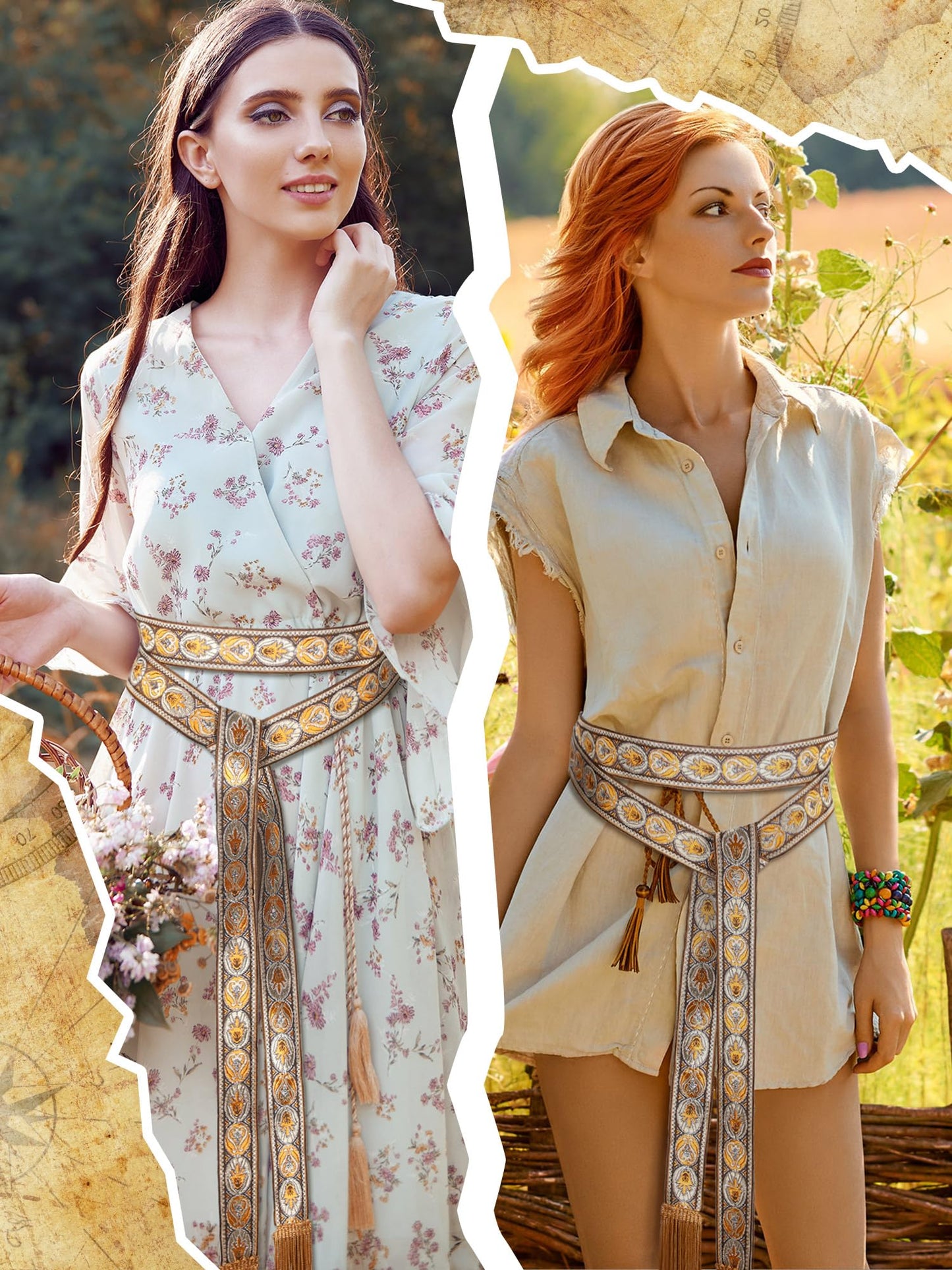 Jiuguva Medieval Women Sash Belt Tassel Waist Belts with Wave Trim Renaissance Dress Tunic Costume Accessory(Classic Style)