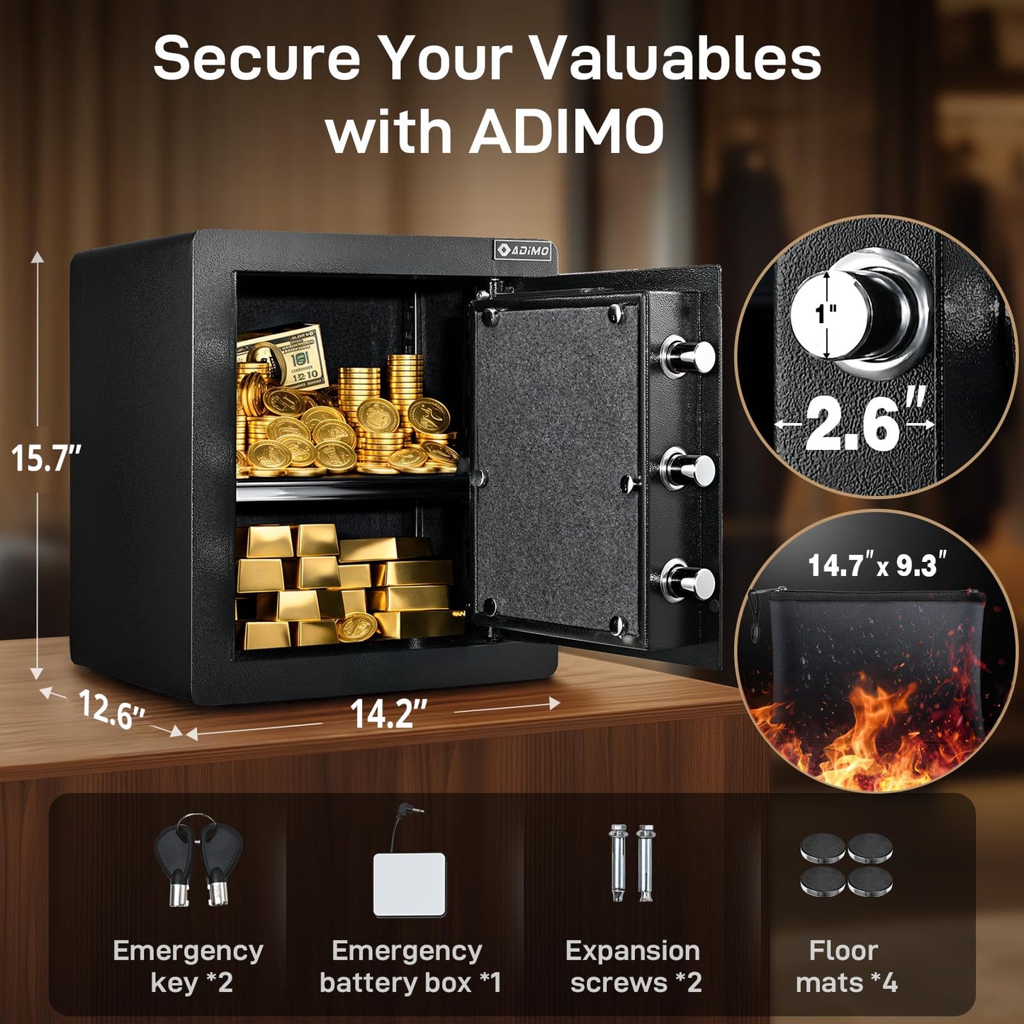 ADIMO Biometric Safe Box, Fireproof 1.6 CuFt Fingerprint Safe w/Touchscreen, Removable Shelf & Alarm System, Money Box for Secure Document & Valuables, for Home Office Hotel