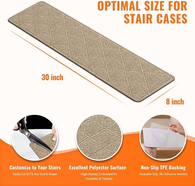 Stair Treads Non-Slip for Wooden Steps, 15Pack - 8" x 30" Edging Stair Runner Indoor for Kids Elders & Pets, Washable Carpet Stair Treads with Peel & Stick Reusable TPE Backing, Beige