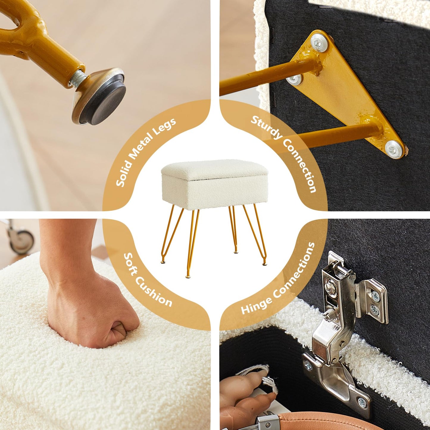 Alessing Vanity Stool Chair Ottoman with Storage, Sherpa Vanity Chair for Makeup Room, Rectangle Vanity Stools with Metal Legs, Soft Makeup Stool Footrest Footstools for Bedroom Living Room, White