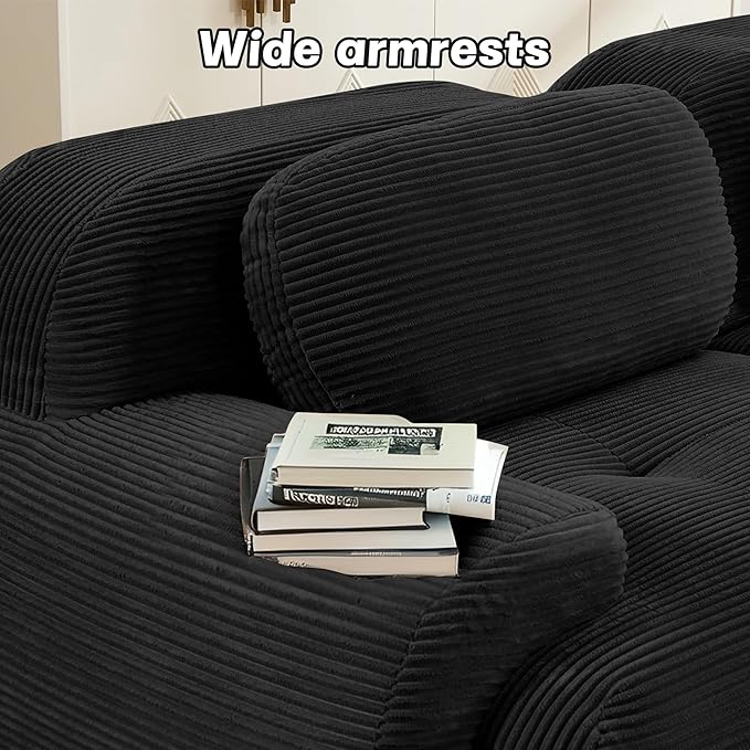 SoarFlash 81” Sectional Cloud Boneless Sofa Couches for Living Room-2 Seater L-Shaped Modern Lounge Couch-No Assembly Modular Corduroy Convertible Sponge Sleeper Sofas with Chaise for Home House,Black