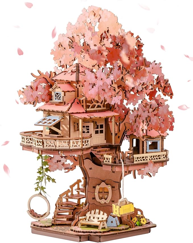Rolife DIY Miniature House Kits Sakura Tree House 12" 3D Wooden Puzzles for Adults, Japanese Cherry Blossom Model Building...