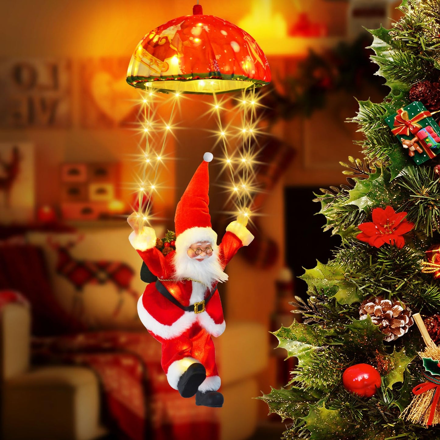 JNOEC Christmas Lights Outdoor Indoor, Santa Claus Parachute LED Lights, 8 Modes & Timer Christmas Decorations Lights Outside Inside for Window, Garden, Home, Porch, Xmas Tree Decor (Warm White) ﻿