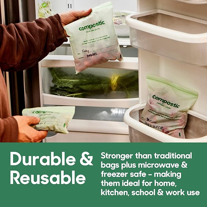 Compostic Home Compostable Resealable Sandwich Bags (7"x7"), Microwave & Freezer Safe, Organic Food Storage Container, 200 Count