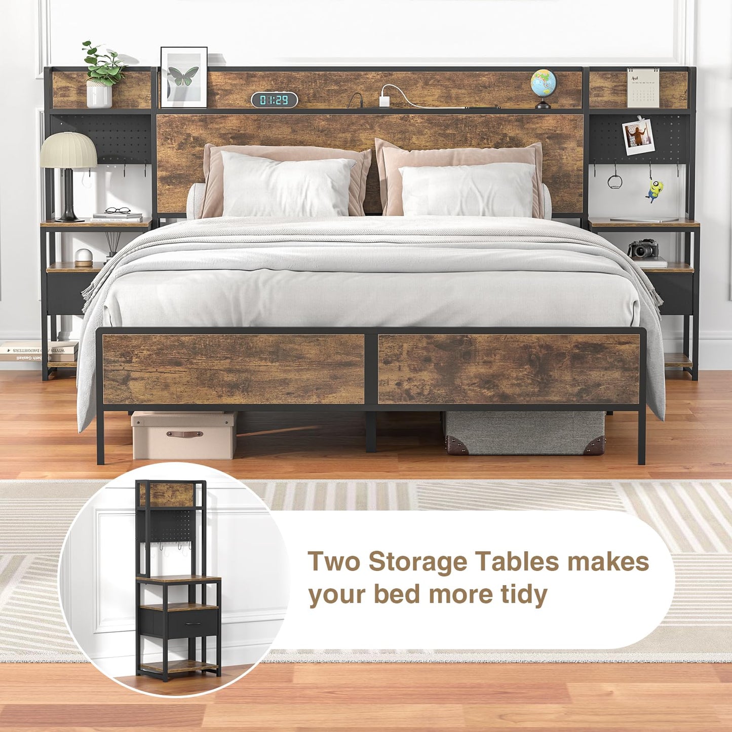 Queen Bed Frame with Set of 2 Bedside Tables with Canvas Drawers and Storage Headboard, Metal Platform Bed Frame with LED Light, Charging Station, Sturdy Metal Slats, No Box Spring Needed, Noise Free