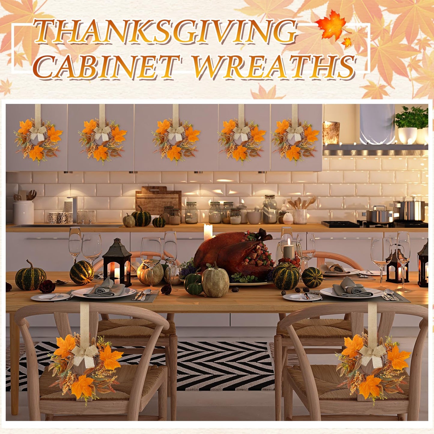 Hoteam 6 Pcs Fall Mini Wreath Thanksgiving Kitchen Cabinet Wreaths with Bow Ribbon Maple Autumn Artificial Faux Garland Small Farmhouse Decorative Garland for Front Door Wall Window(Fall Leaves)