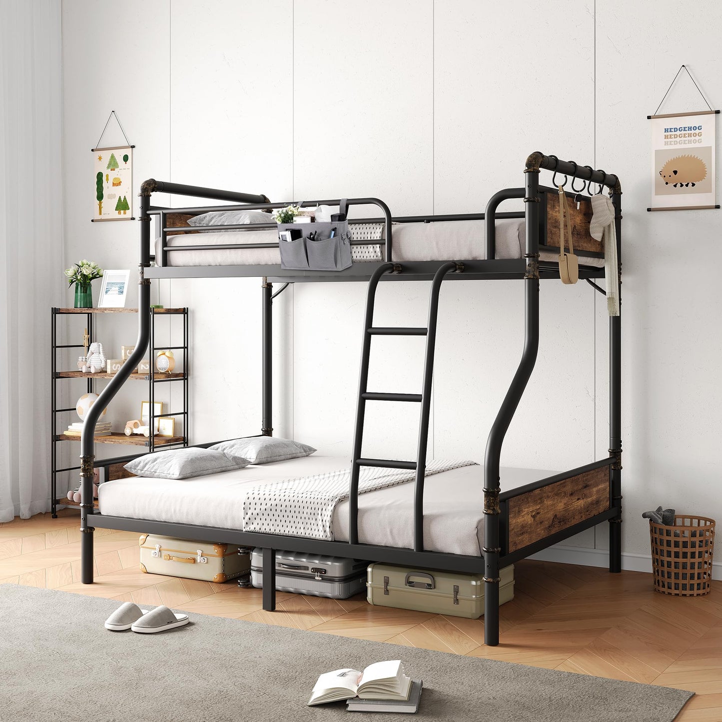 Bunk Bed Twin Over Full, Heavy Duty Metal Bunkbeds with Ladder and Full-Length Guardrail, Convertible into 2 Individual Beds for Kids, Teens and Adults, Under-Bed Storage Space, Vintage Brown