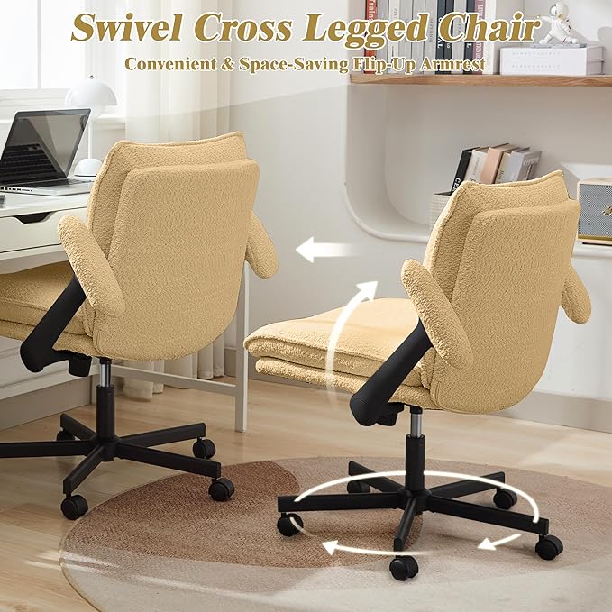 Kassipo Criss Cross Legged Office Chair with Wheels and Flip-Up Arms, Upholstered Criss Cross Desk Chair, Wide Seat Chairs for Home Office, Vanity, Apartment, Yellow