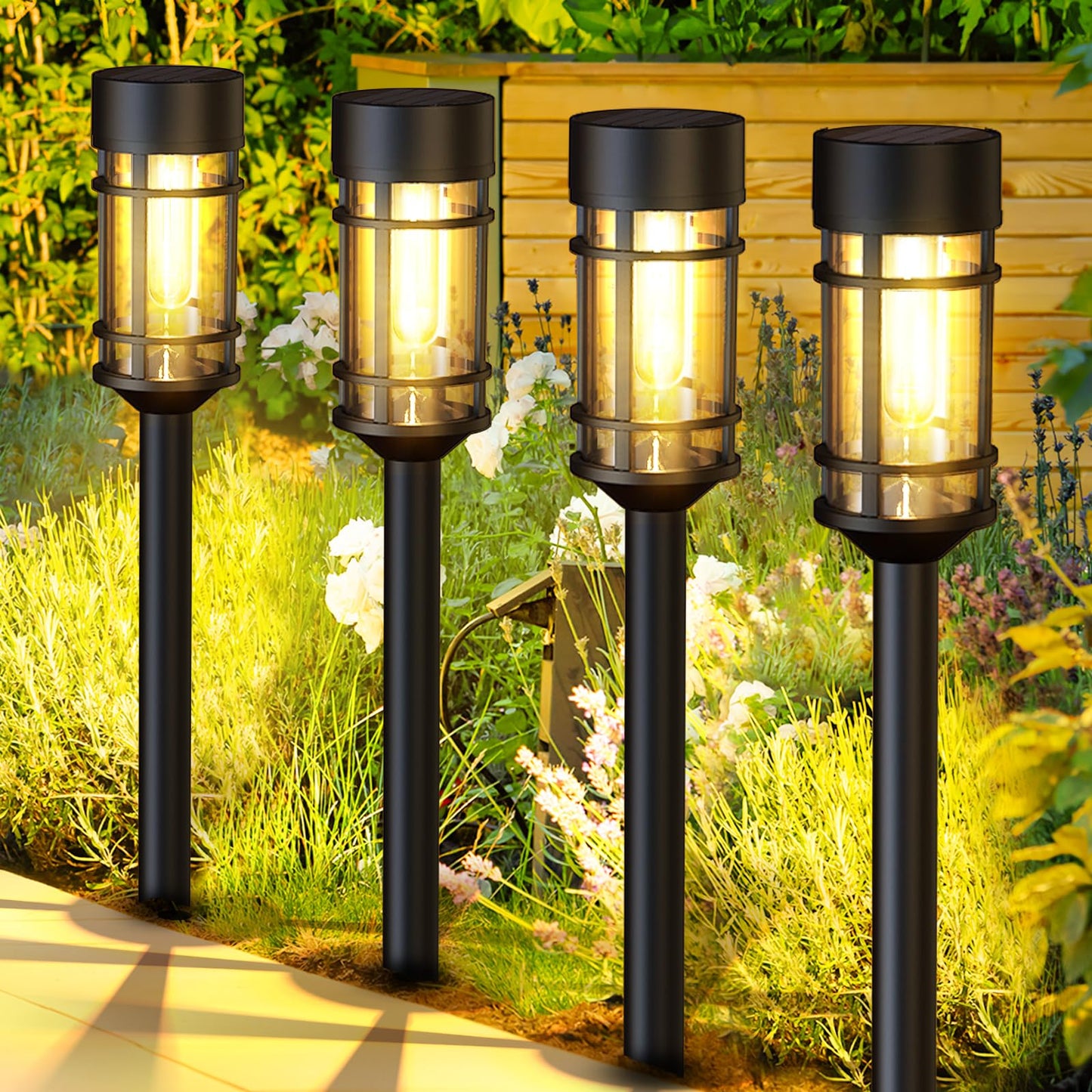 ILANCK Solar Lights Outdoor Waterproof, 8 Pack 21" Solar Pathway Lights with Metal & Glass, Auto On/Off Garden Lights for Yard, Landscape, Walkway Outdoor Decor
