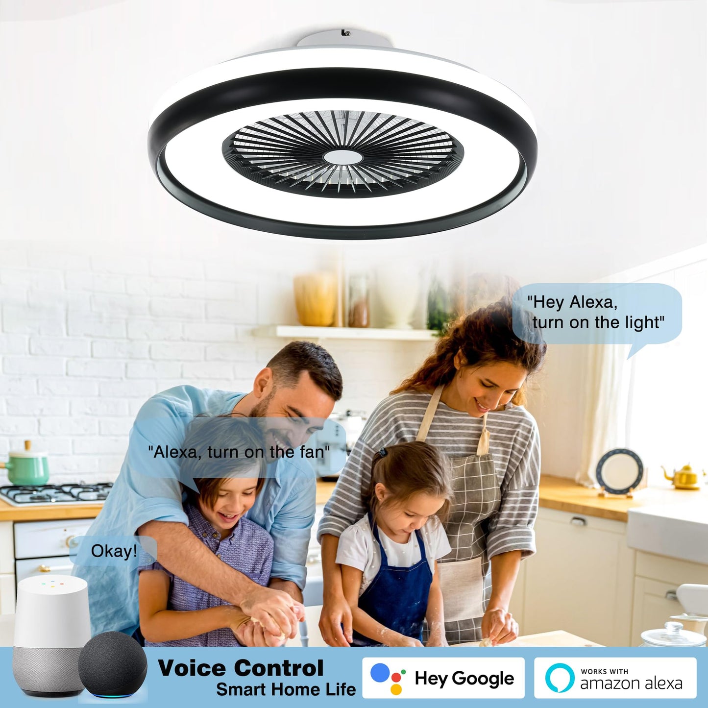 HUMHOLD 24" Bladeless Ceiling Fan with RGB Light Remote, Smart LED Ceiling Fans with Voice/App Control, Modern Low Profile Dimmable Light Ceiling Fan for Bedroom Living Room Black