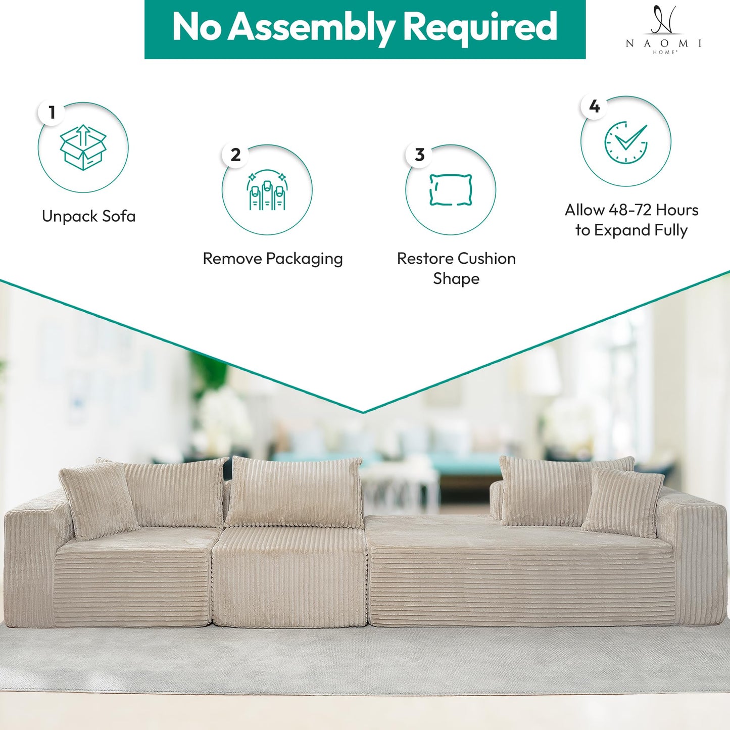 Naomi Home Pamela 110" Boneless Cloud Couch L Shaped Modular Sectional Sofa with Chaise, Deep Seat Comfy Corduroy Couch for Living Room, Sag-Free Foam, Pet Friendly, No Assembly Beige
